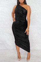ブラック カジュアル ソリッド パッチワーク フォールド 非対称 斜めカラー ドレス