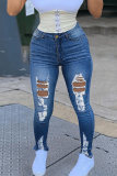 Jeans skinny a vita alta strappati casual alla moda blu scuro