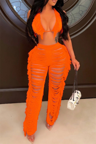 Orange Fashion Sexy Solid Bandage Split Joint Backless Halter Sleeveless Two Pieces