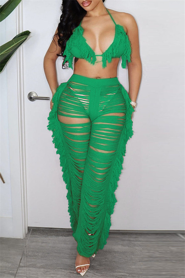 Зеленый модный сексуальный однотонный бинт в стиле пэчворк с открытой спиной Холтер без рукавов из двух частей