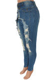 O cowboy azul moda casual sólido rasgado retalhos cintura alta jeans skinny