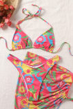 Rose Red Fashion Sexy Print Bandage Backless Swimwears Driedelige set (met vulling)