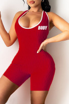 Red Fashion Casual Sportswear Letter Print Backless U-hals Skinny Romper