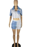 Blue Casual Solid Patchwork Buckle Turndown Collar Short Sleeve Two Pieces