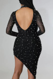 Zwart sexy effen patchwork kralen asymmetrische halve col onregelmatige jurk Jurken