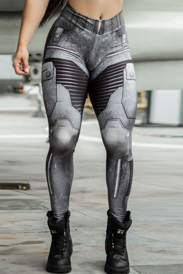 Zwart grijs mode casual sportkleding print basic skinny hoge taille potlood positionering print bodems