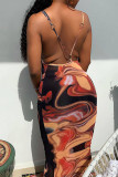 Red Sexy Print Patchwork Spaghetti Strap One Step Skirt Dresses
