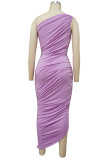 Rose Purple Casual Solid Patchwork Fold Asymmetrical Oblique Collar Dresses