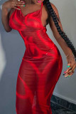 Rode sexy print patchwork spaghetti-jurken met één stap rok