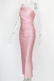 ピンクのファッションセクシーなソリッドバックレススリットスパゲッティストラップロングドレス