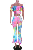 Colour Fashion Casual Print Tie Dye Patchwork Off the Shoulder Short Sleeve Two Pieces