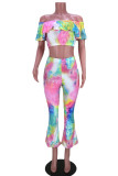 Colour Fashion Casual Print Tie Dye Patchwork Off the Shoulder Short Sleeve Two Pieces