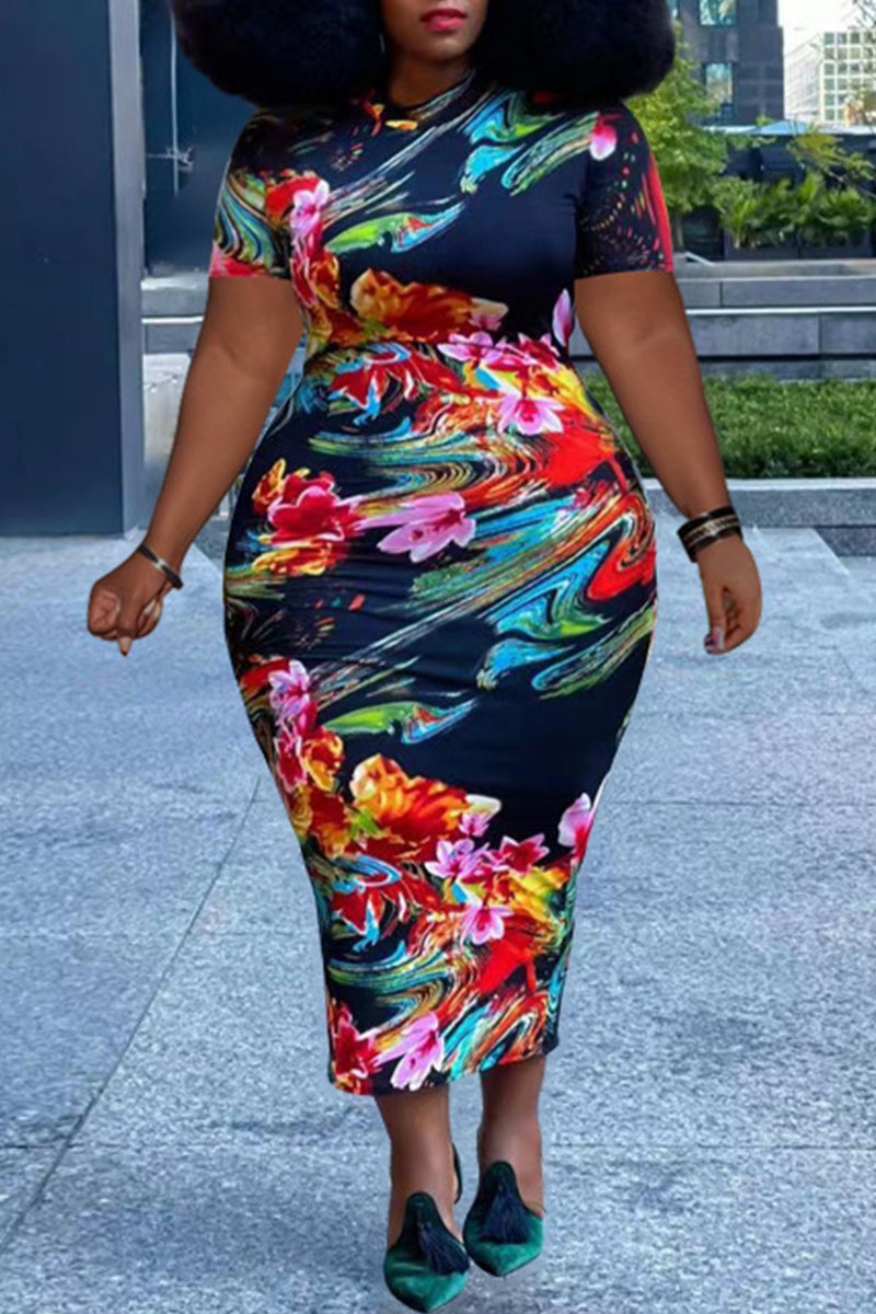 

Red Sexy Print Patchwork O Neck One Step Skirt Plus Size Dresses