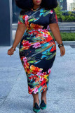 Red Sexy Print Patchwork O Neck One Step Skirt Plus Size Dresses