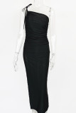 Черное модное сексуальное однотонное длинное платье с открытой спиной и разрезом на тонких бретелях