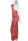 Rode sexy print patchwork spaghetti-jurken met één stap rok