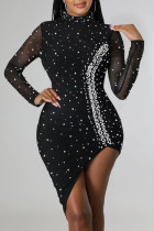 Zwart sexy effen patchwork kralen asymmetrische halve col onregelmatige jurk Jurken