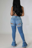 Red Sexy Street Solid Bandage Hollowed Out Patchwork High Waist Lace Up Denim Jeans