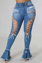 Babyblauwe sexy straat effen bandage uitgeholde patchwork denim jeans met hoge taille