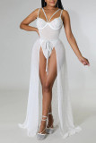Белое сексуальное однотонное лоскутное прозрачное платье на тонких бретельках без рукавов с горячей дрелью из двух частей