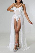 White Sexy Solid Split Joint See-through Hot Drill Spaghetti Strap Sleeveless Two Pieces