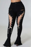Baby Blue Sexy Street Solid Bandage Hollowed Out Patchwork High Waist Lace Up Denim Jeans