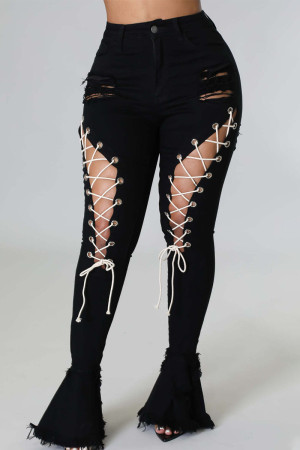 Black Sexy Street Solid Bandage Hollowed Out Patchwork High Waist Lace Up Denim Jeans