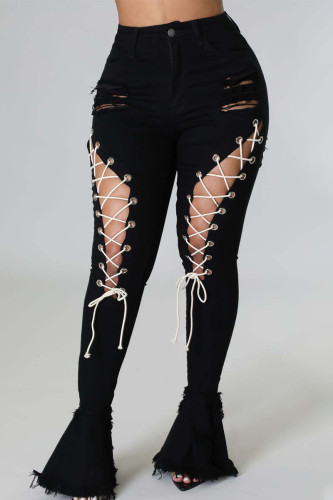 Zwarte sexy straat effen bandage uitgeholde patchwork denim jeans met hoge taille