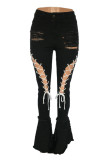 Black Sexy Street Solid Bandage Hollowed Out Patchwork High Waist Lace Up Denim Jeans