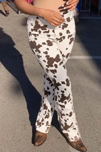 Coffee Casual Cow Print High Waist Straight Skinny Pants