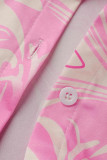 Розовый модный повседневный принт с отложным воротником и коротким рукавом из двух частей