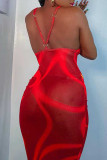 Vestidos de saia de um passo com estampa sexy vermelha patchwork com alça espaguete