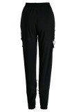 Black Casual Street Solid Hollowed Out Patchwork Regular High Waist Pencil Solid Color Bottoms
