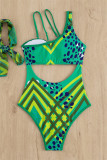 Green Fashion Sexy Print Hollowed Out Backless Swimwears (With Paddings)