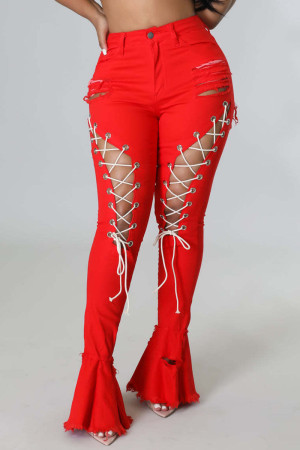 Red Sexy Street Solid Bandage Hollowed Out Patchwork High Waist Lace Up Denim Jeans