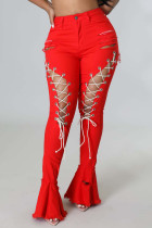 Красные сексуальные уличные однотонные повязки с выдолбленными лоскутными джинсовыми джинсами с высокой талией и высокой талией
