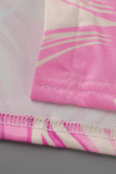 Colletto rovesciato basic con stampa casual rosa alla moda, manica corta, due pezzi