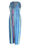Blau Mode Casual Plus Size Print Basic U-Ausschnitt Weste Kleid
