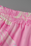 Розовый модный повседневный принт с отложным воротником и коротким рукавом из двух частей