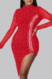 Röd Sexig Solid Patchwork Beading Asymmetrisk Half A Turtleneck Oregelbunden klänning