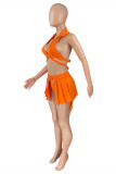 Orange Mode Sexig Solid Bandage Rygglösa badkläder Set i tre delar (utan vadderingar)