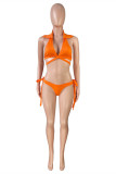 Conjunto de tres piezas de trajes de baño sin espalda de vendaje sólido sexy de moda naranja (sin rellenos)