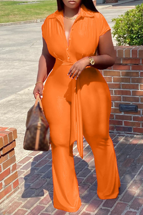 オレンジ ファッション カジュアル ソリッド パッチワーク ターンダウン カラー プラス サイズ ジャンプスーツ