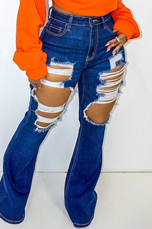 Deep Blue Fashion Casual Solid High Waist Regular Ripped Denim Jeans