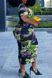 グリーンセクシープリントパッチワークOネックワンステップスカートプラスサイズのドレス