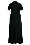 ブラックカジュアルプリントパッチワークVネックストレートプラスサイズのドレス