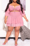 Pink Fashion Sexy Solid Bandage V Neck Plus Size Two Pieces