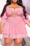Pink Fashion Sexy Solid Bandage V-Ausschnitt Plus Size Two Pieces