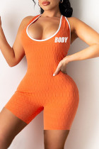 Macacão skinny moda casual esportivo laranja estampa carta sem costas decote em U