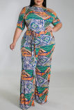 Oranje Groen Mode Casual Print Basic Schuine Kraag Plus Size Jumpsuits
